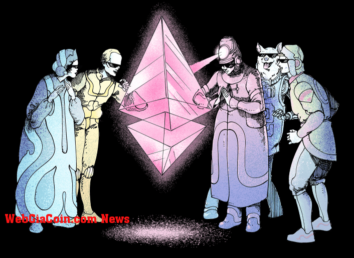 Five figures looking at ethereum logo