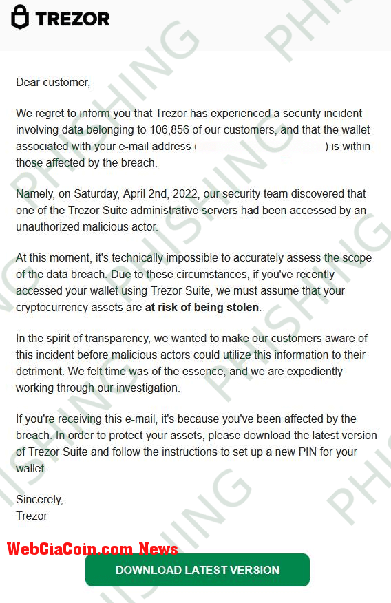 A copy of the phishing email. Image: Trezor