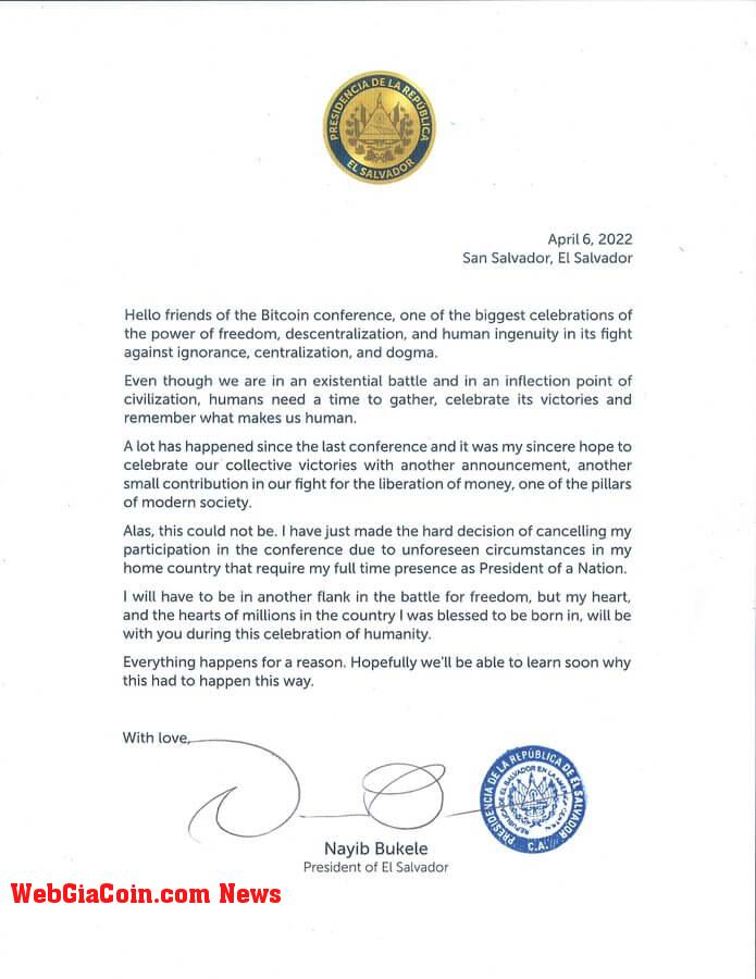 President Bukele's letter to Bitcoin Miami attendees