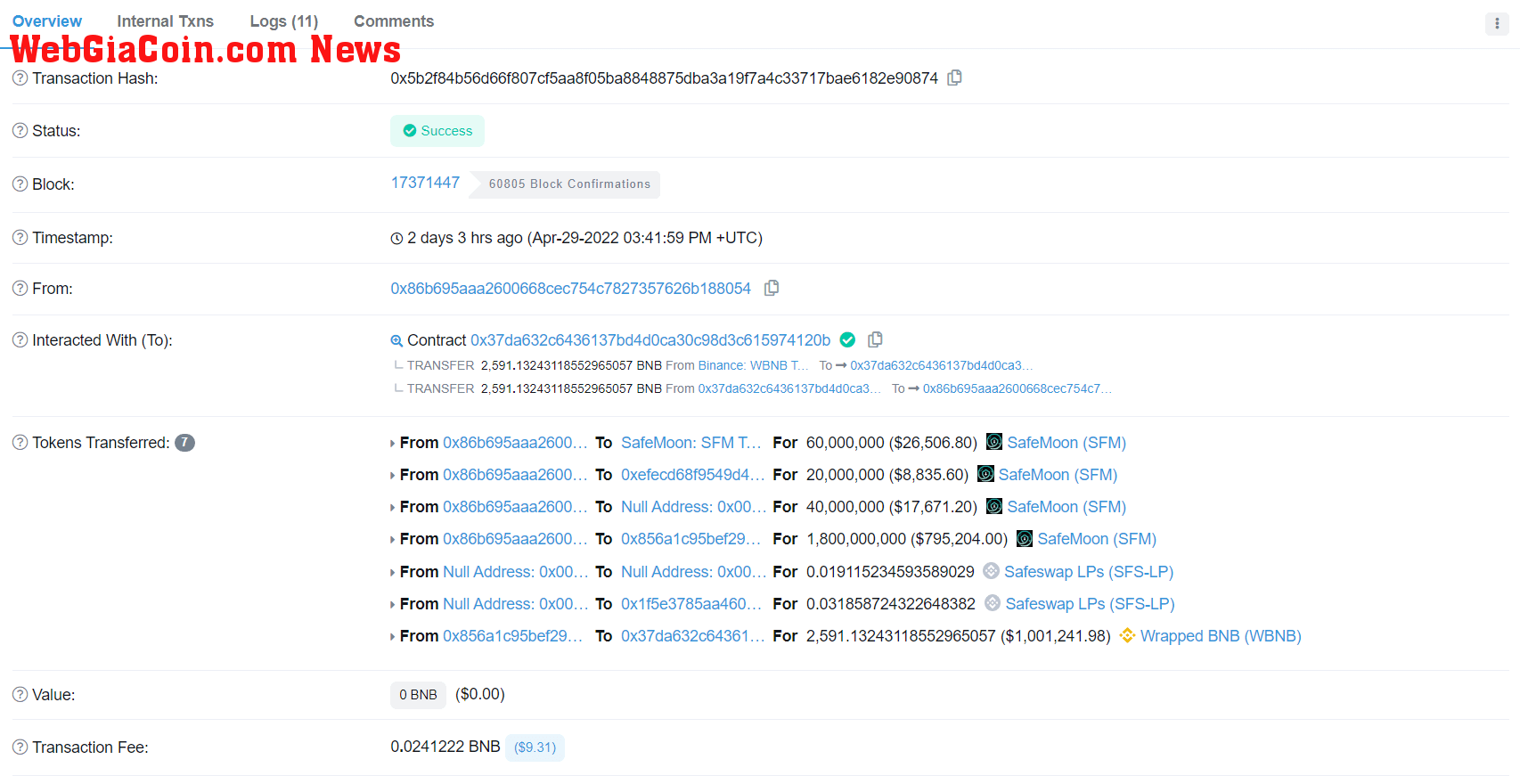 One of the alleged safemoon wallets transactions on bscscan.com