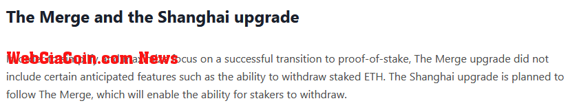 Ethereum website screen grab on Shanghai enbaling withdrawals