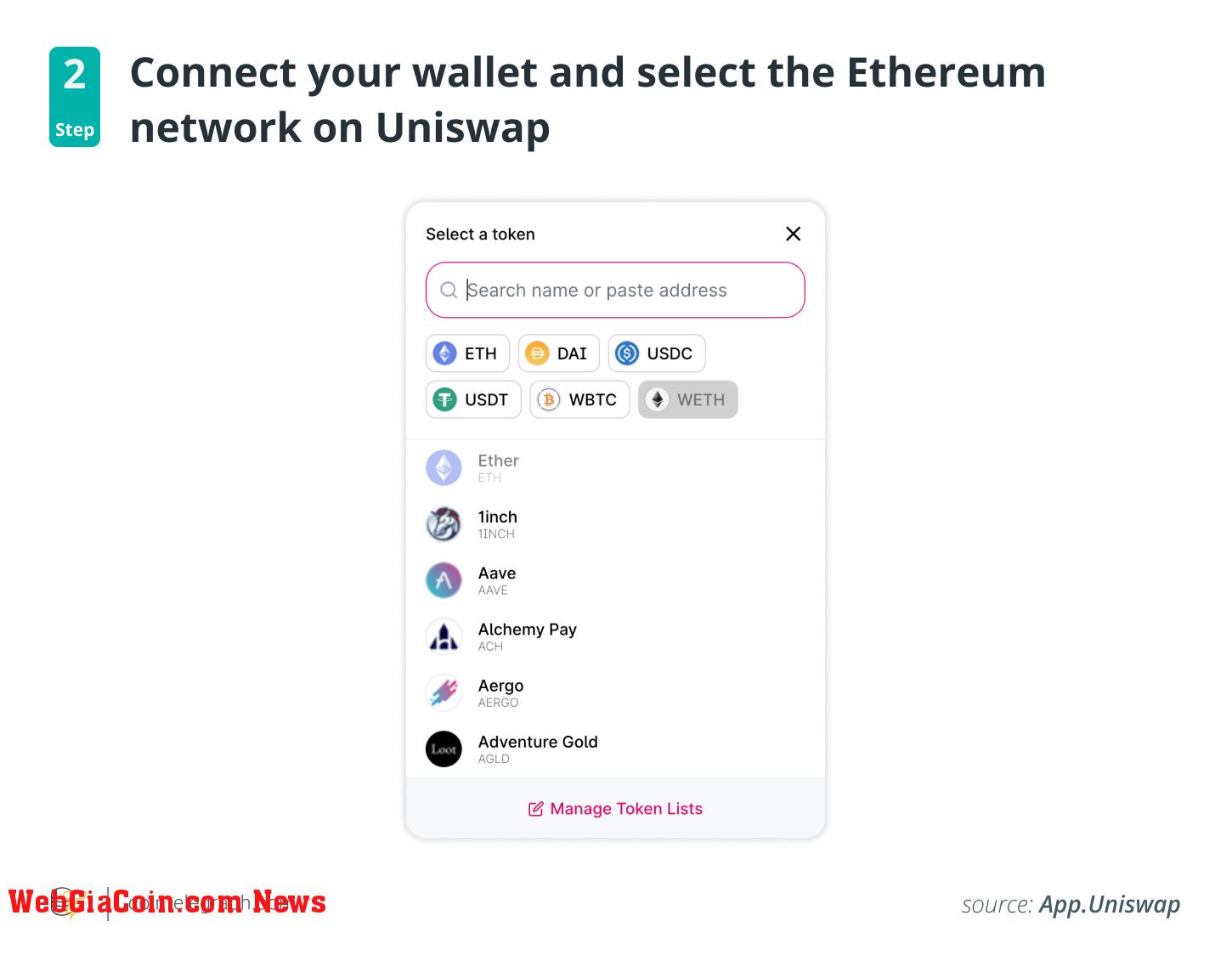 Step 2: Select "WETH" from the list of tokens available
