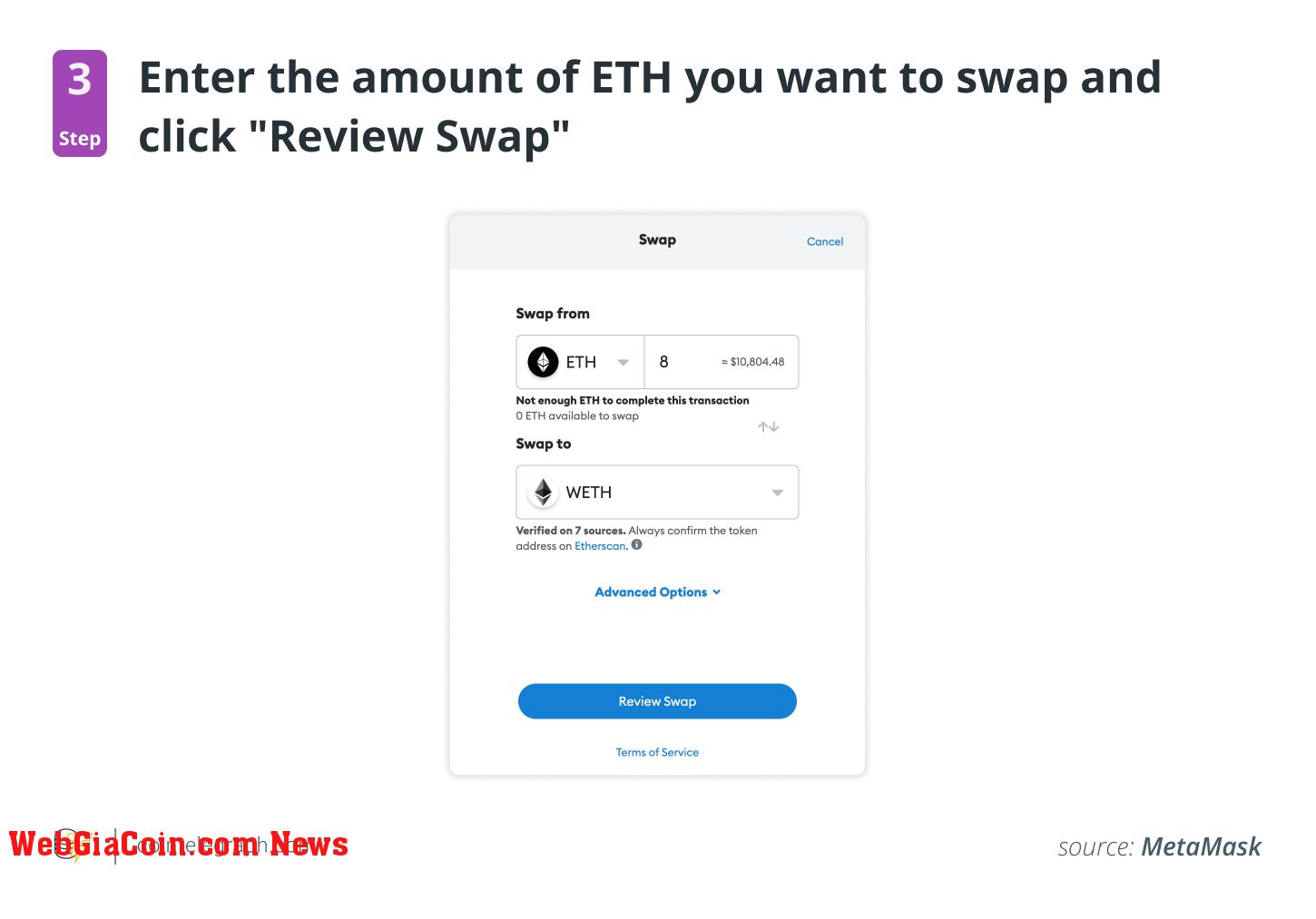 Enter the amount of ETH you want to swap and click Review Swap