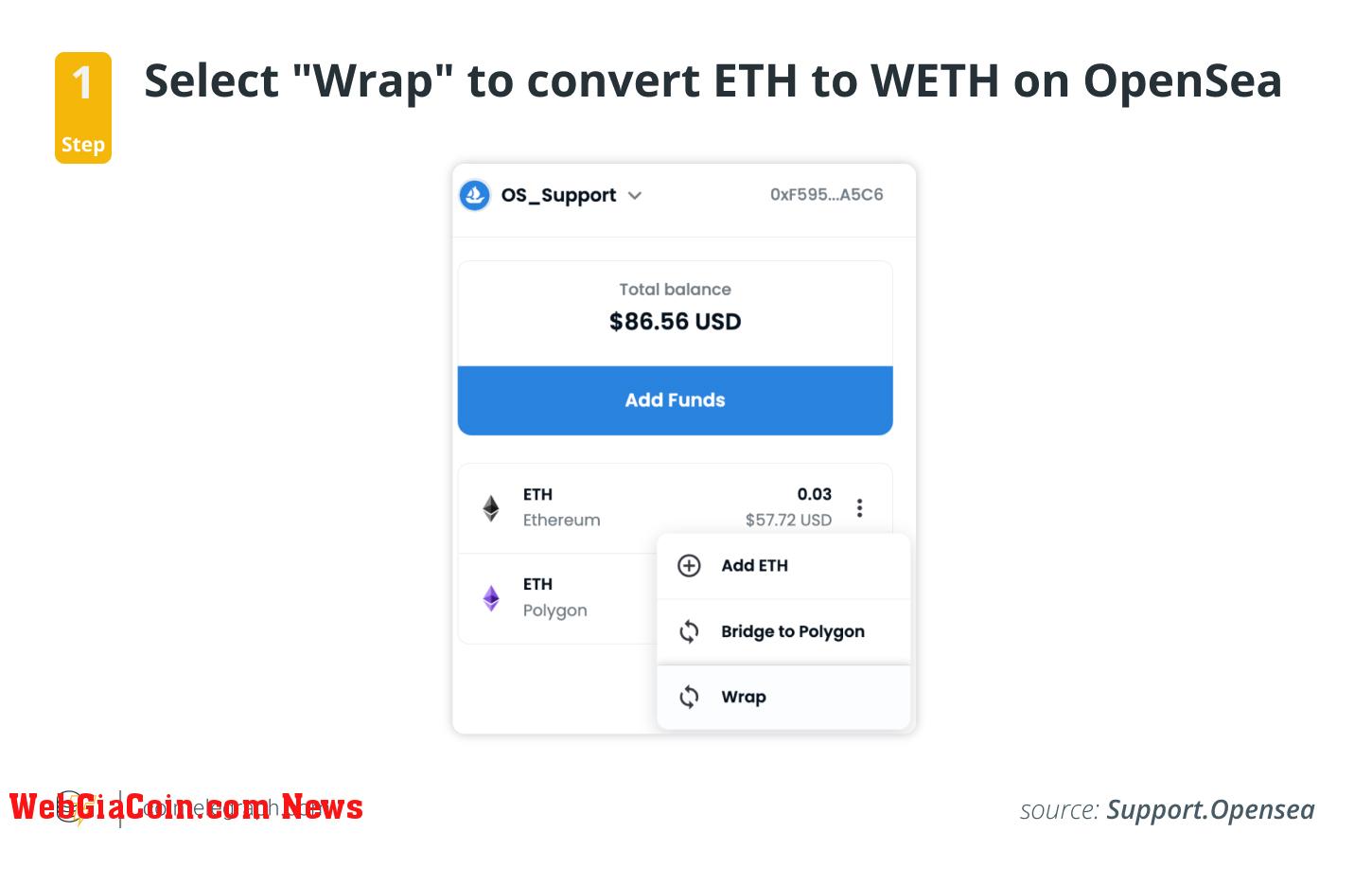 Step 1: Select  Wrap to convert ETH to WETH on OpenSea