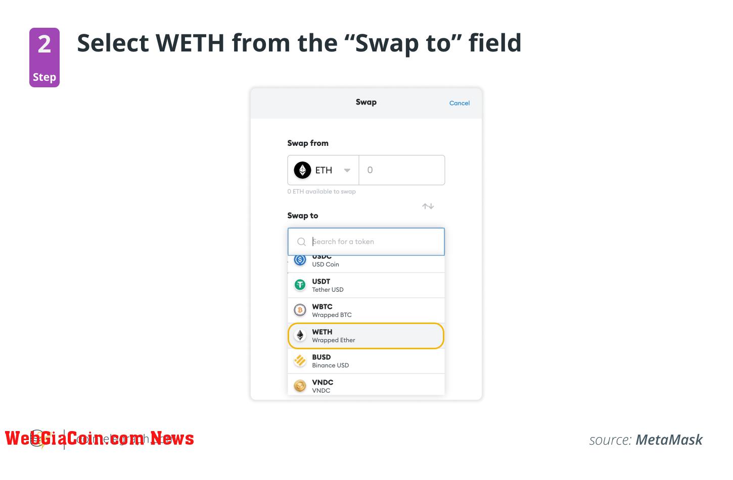 Step 2: Select WETH from the Swap to field