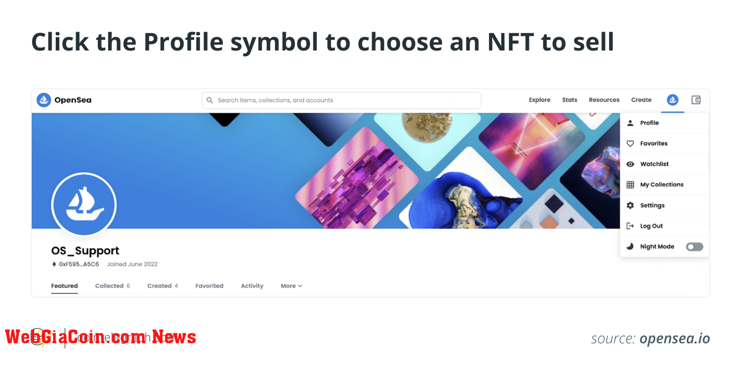 Click the Profile symbol to choose an NFT to sell