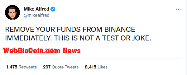 Mike Alfred warning about Binance