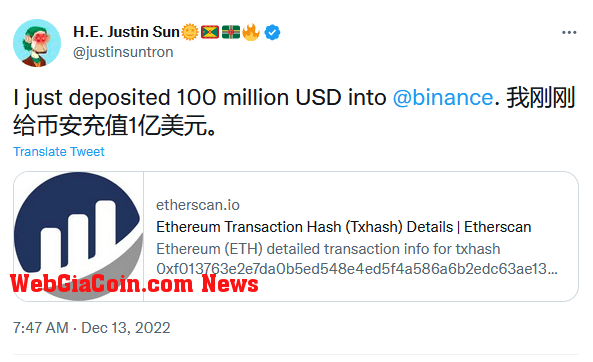 Justin Sun deposits $100 million in Binance