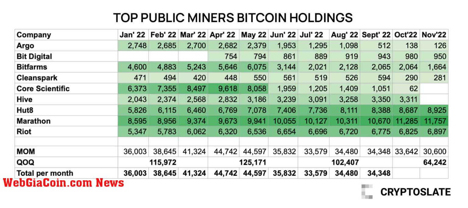 Top public miners BTC holdings