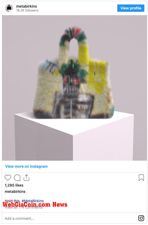 Mason Rothschild's MetaBirkin were promoted all over social media and on blogs, websites, in addition to OpenSea (Source: Instagram)