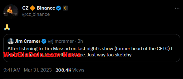 Binance CEO replies to Jim Crammer
