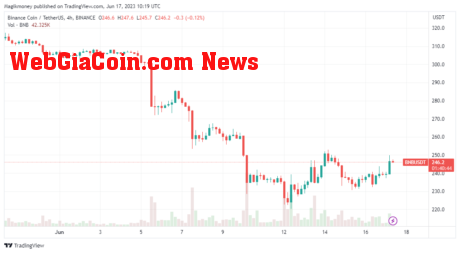 Binance coin still trading below the $250 resistance mark