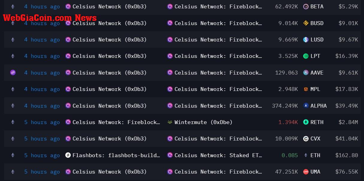 Celsius Altcoins Transactions