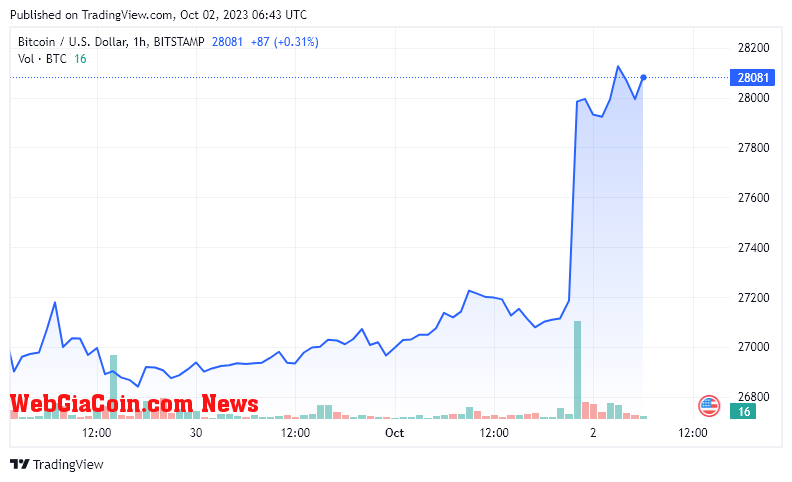 Chart showing the price of Bitcoin over the weekend