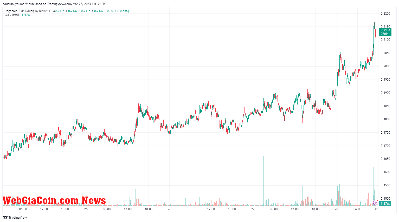 Dogecoin tăng vọt 17% phá vỡ 0,21 USD khi Khối lượng bùng nổ