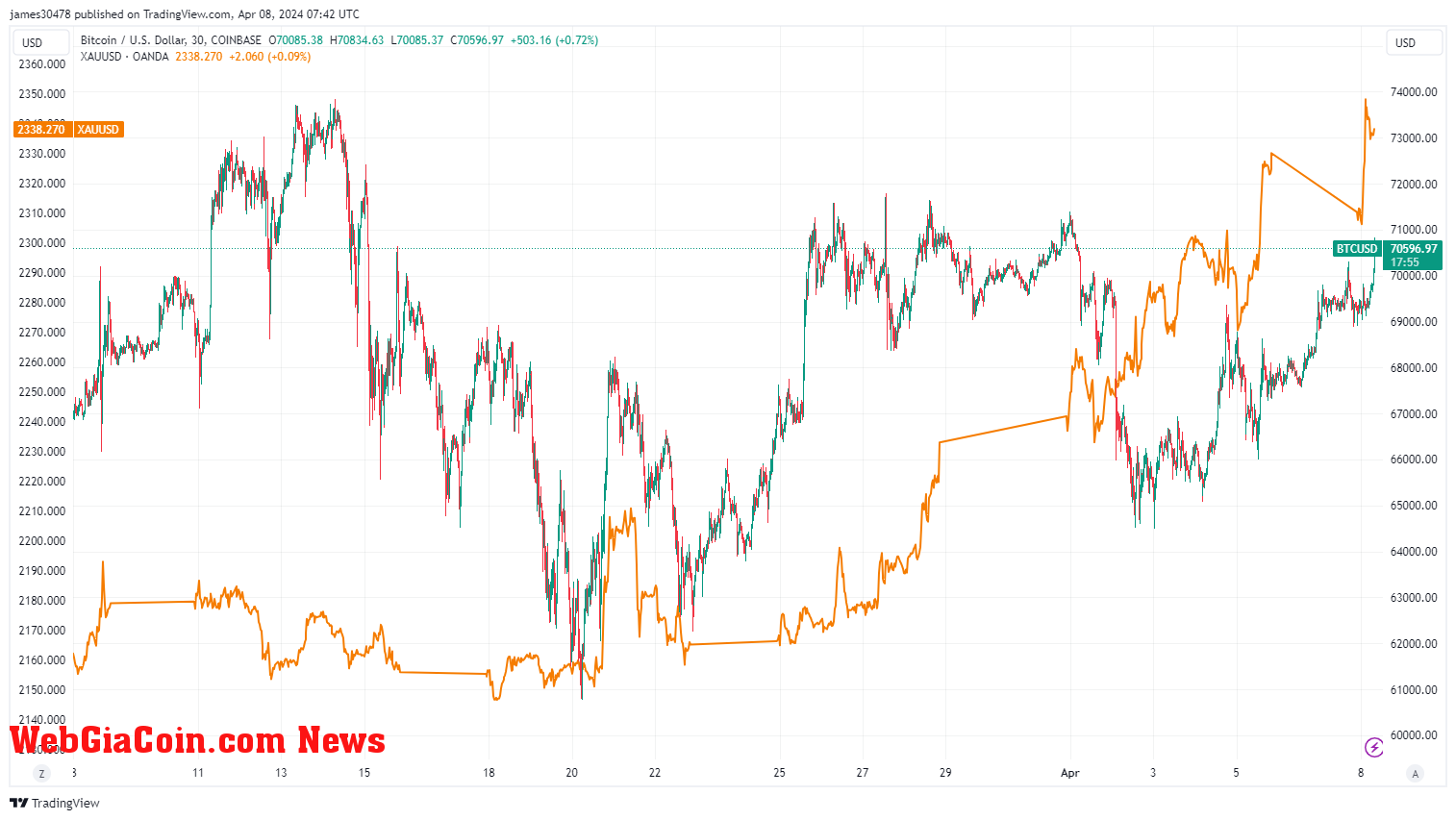 BTCUSD vs Gold: (Source: TradingView