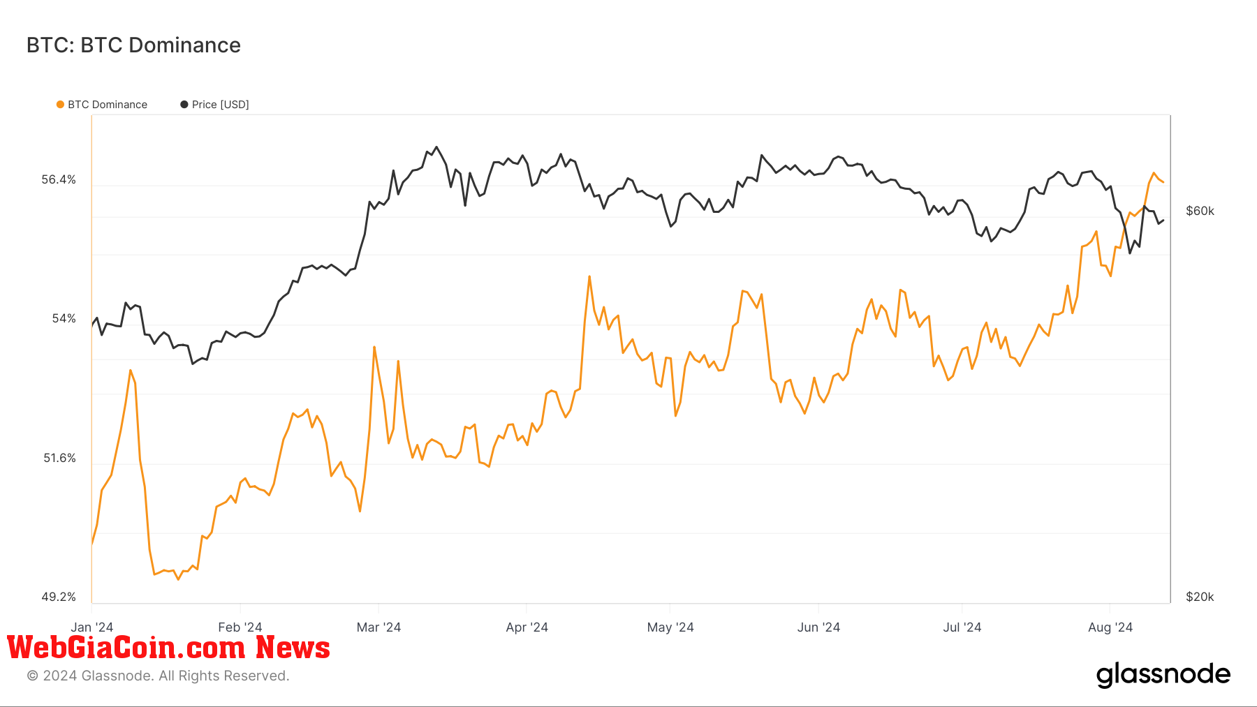 Sự thống trị thị trường Bitcoin cho thấy xu hướng tăng ổn định vào năm 2024 bất chấp sự biến động của thị trường