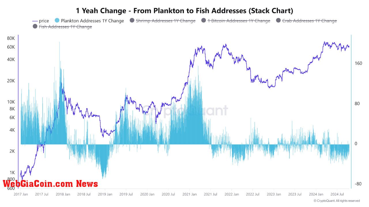 Bitcoin plankton to fish addresses 1-year change chart.