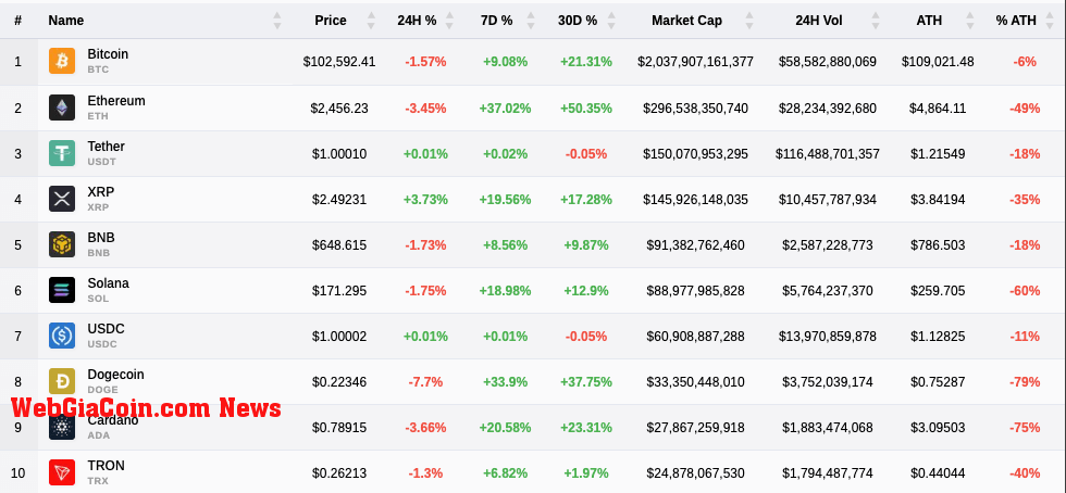 Top 10 cryptocurrency performance